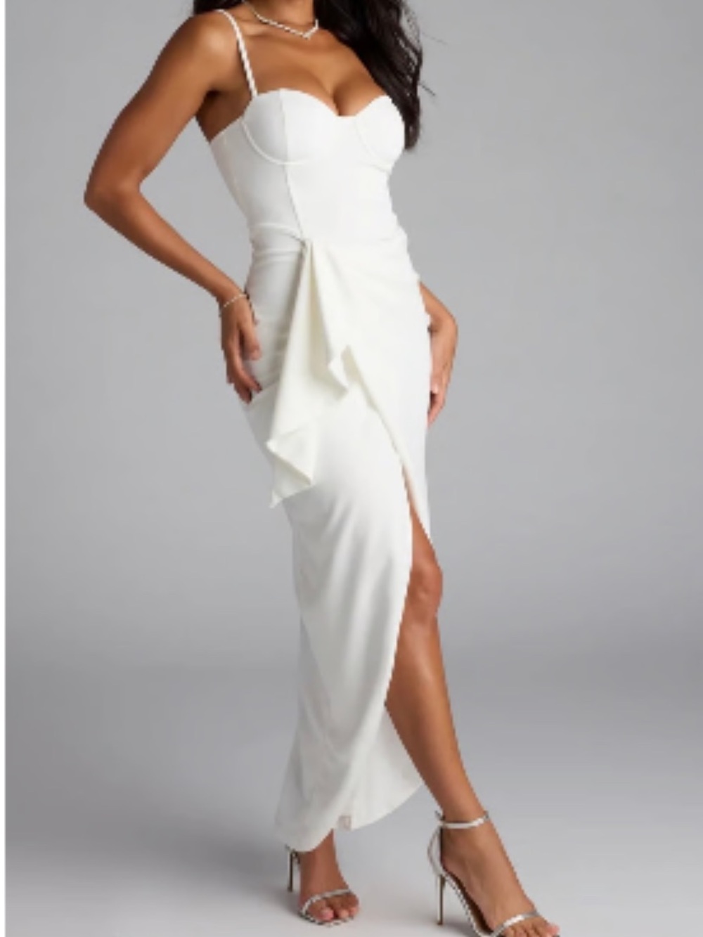Windsor White Sweetheart Ruffle Slim Crepe Formal Midi Dress Sz M NWT - Picture 4 of 16